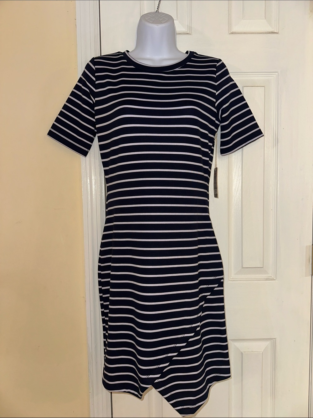 Iris Basic Navy & White Striped Crewneck Short Sleeve Dress